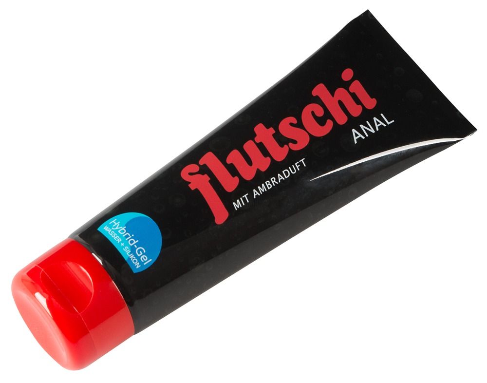 Tube noir avec inscription rouge : Flutschi Anal. Gel hybride à base d'eau et de silicone, en biais.