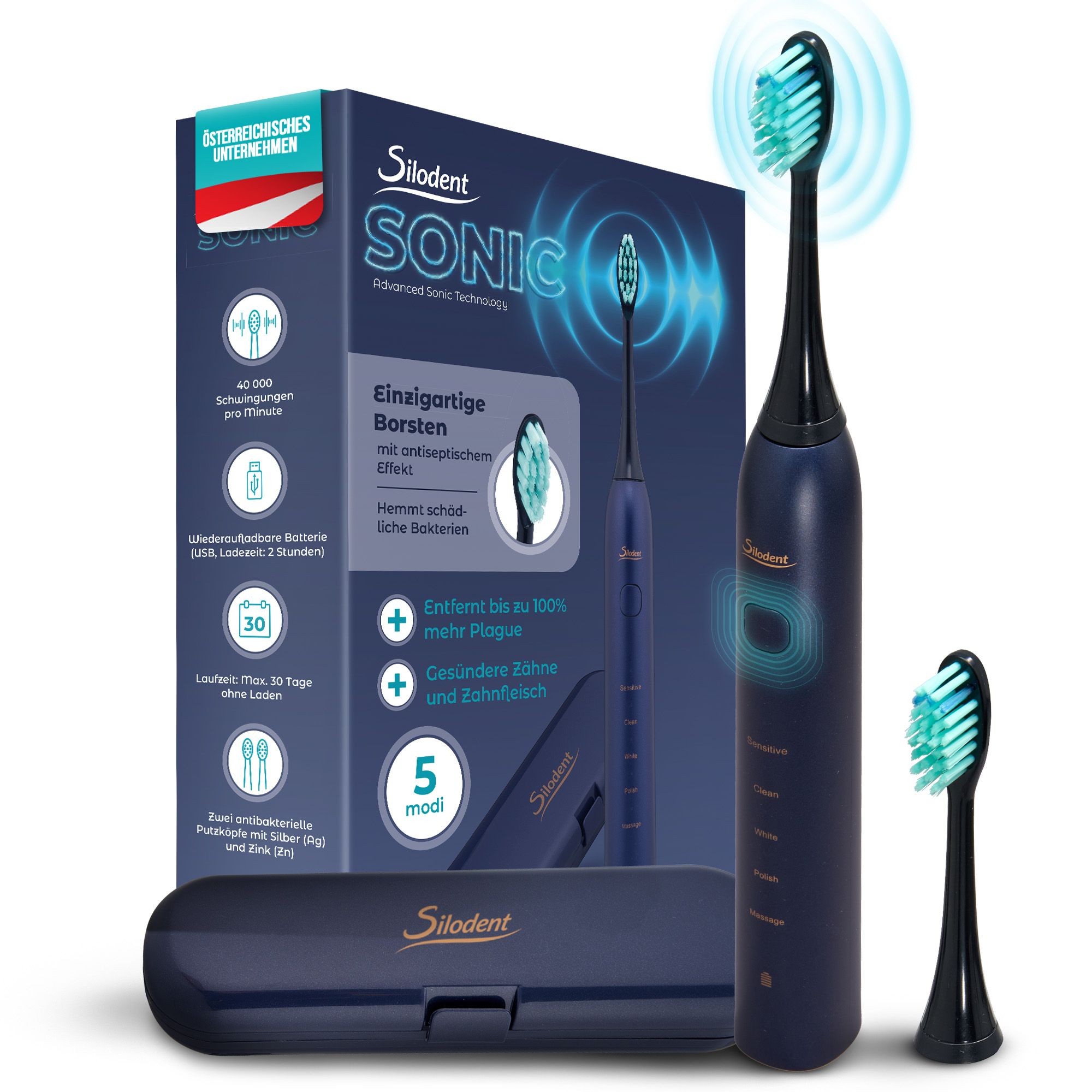 Set brosse à dents sonique Silodent Bleu Nuit: brosse, 2 brossettes, étui de charge, câble. Entreprise autrichienne.
