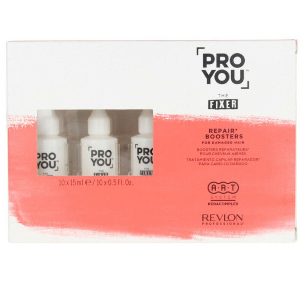 Boîte Revlon Proyou The Fixer Booster avec trois flacons. Inscription: Repair Boosters for damaged hair.