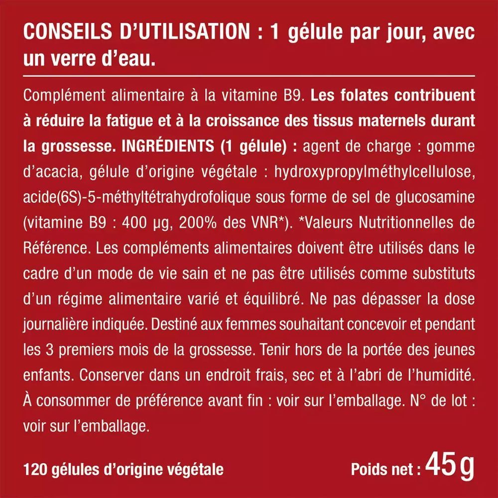 Texte : Conseils d'utilisation. 1 gélule par jour avec de l'eau. Ingrédients, valeurs nutritionnelles.