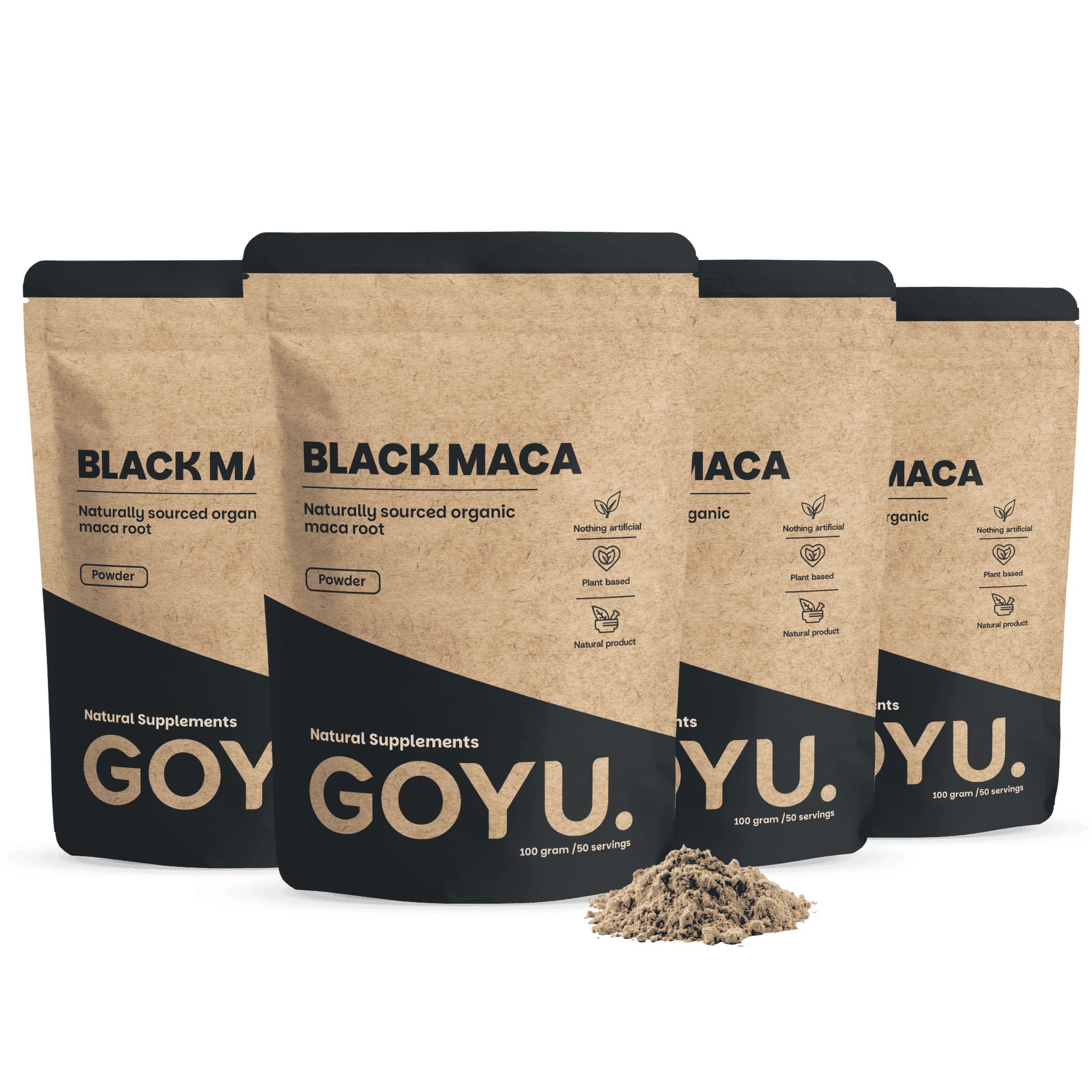 Quatre paquets de poudre de Maca Noire GOYU dans des sachets debout bruns avec accent noir. 100g.