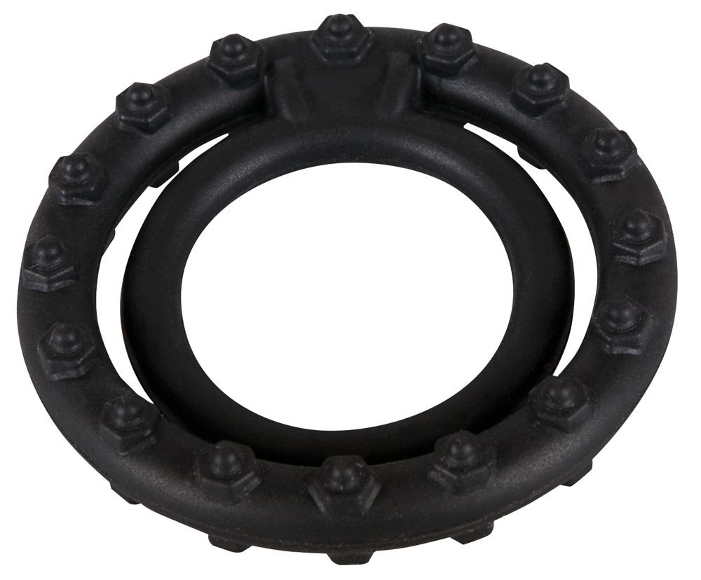 Zwarte penisring met ballenring. De buitenste ring heeft noppen. De binnenste ring is glad.