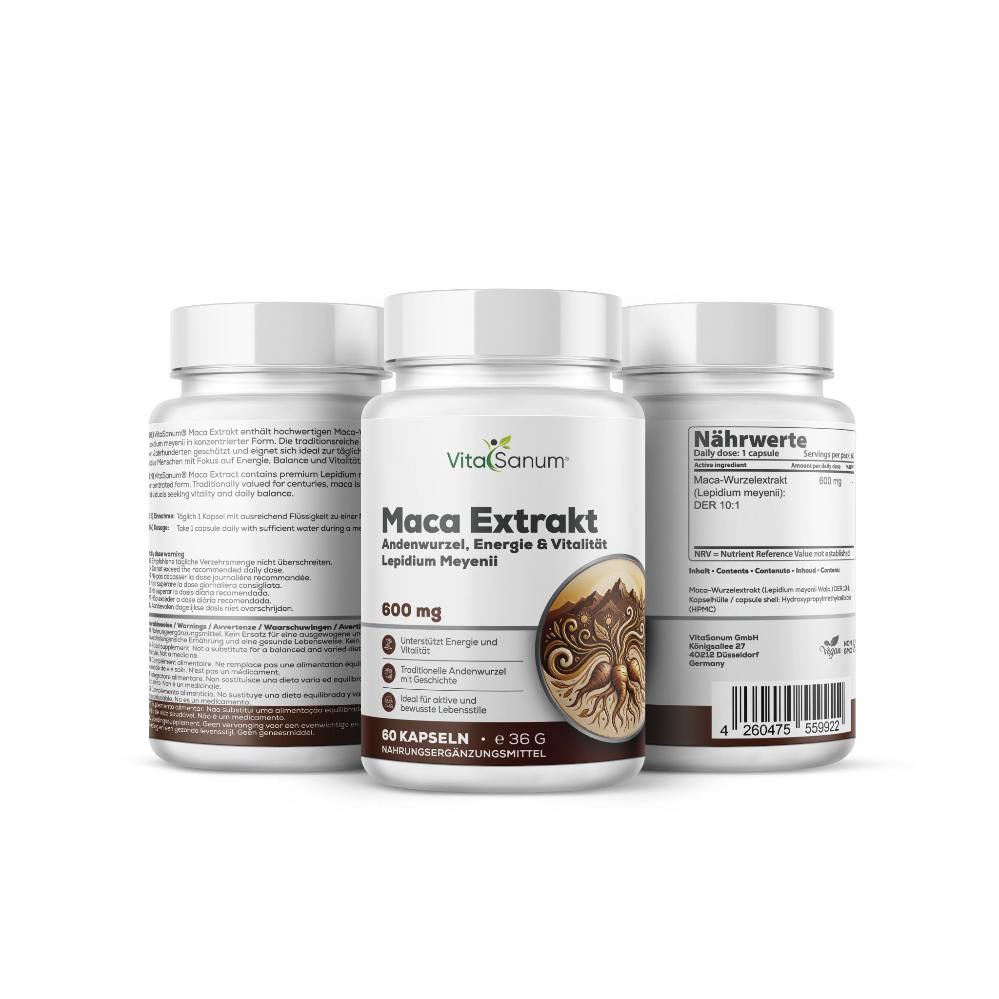 VitaSanum Maca Extract Capsules, 600 mg, 60 vegane capsules, drie potjes.