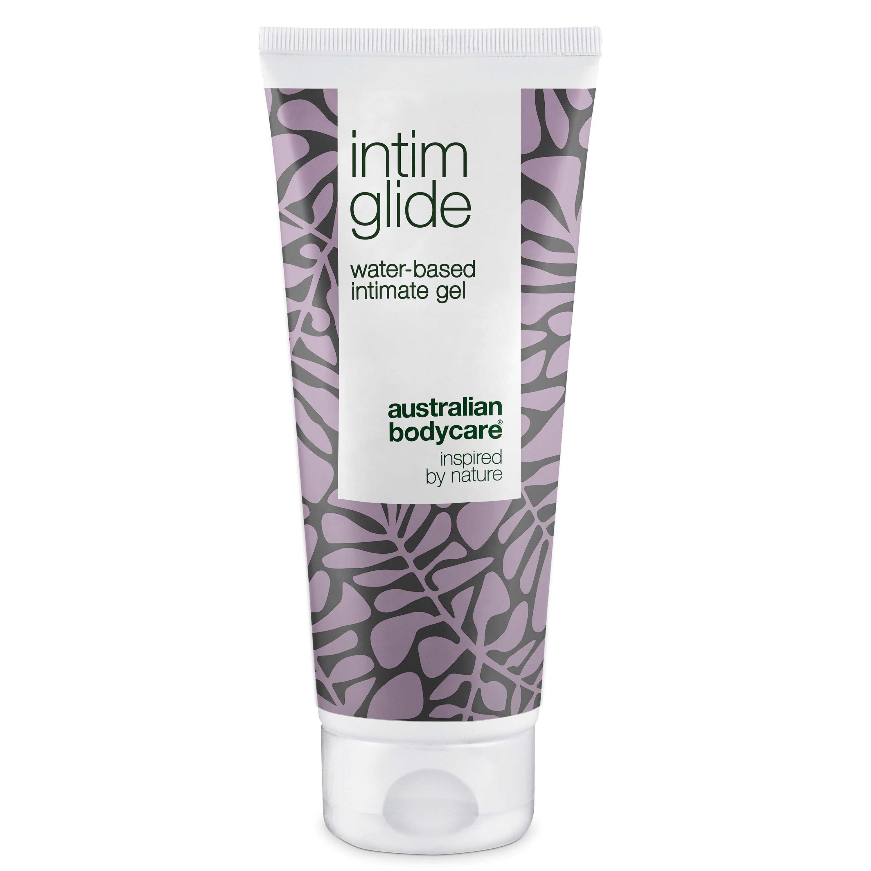 Tube de gel intime à base d'eau. Motif floral violet. Marque: Australian Bodycare. Bouchon à vis blanc.