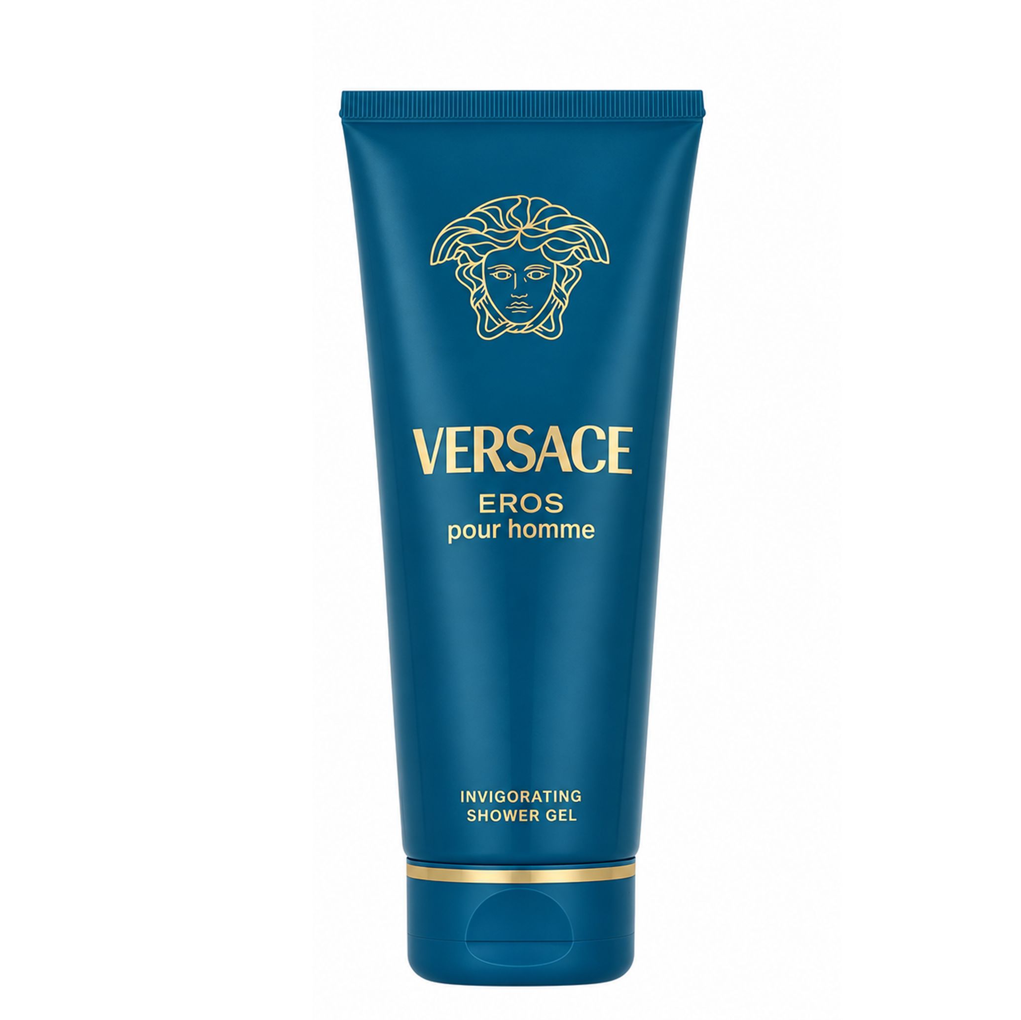 Tube bleu foncé avec logo et nom Versace Eros Pour Homme dorés. Gel douche.