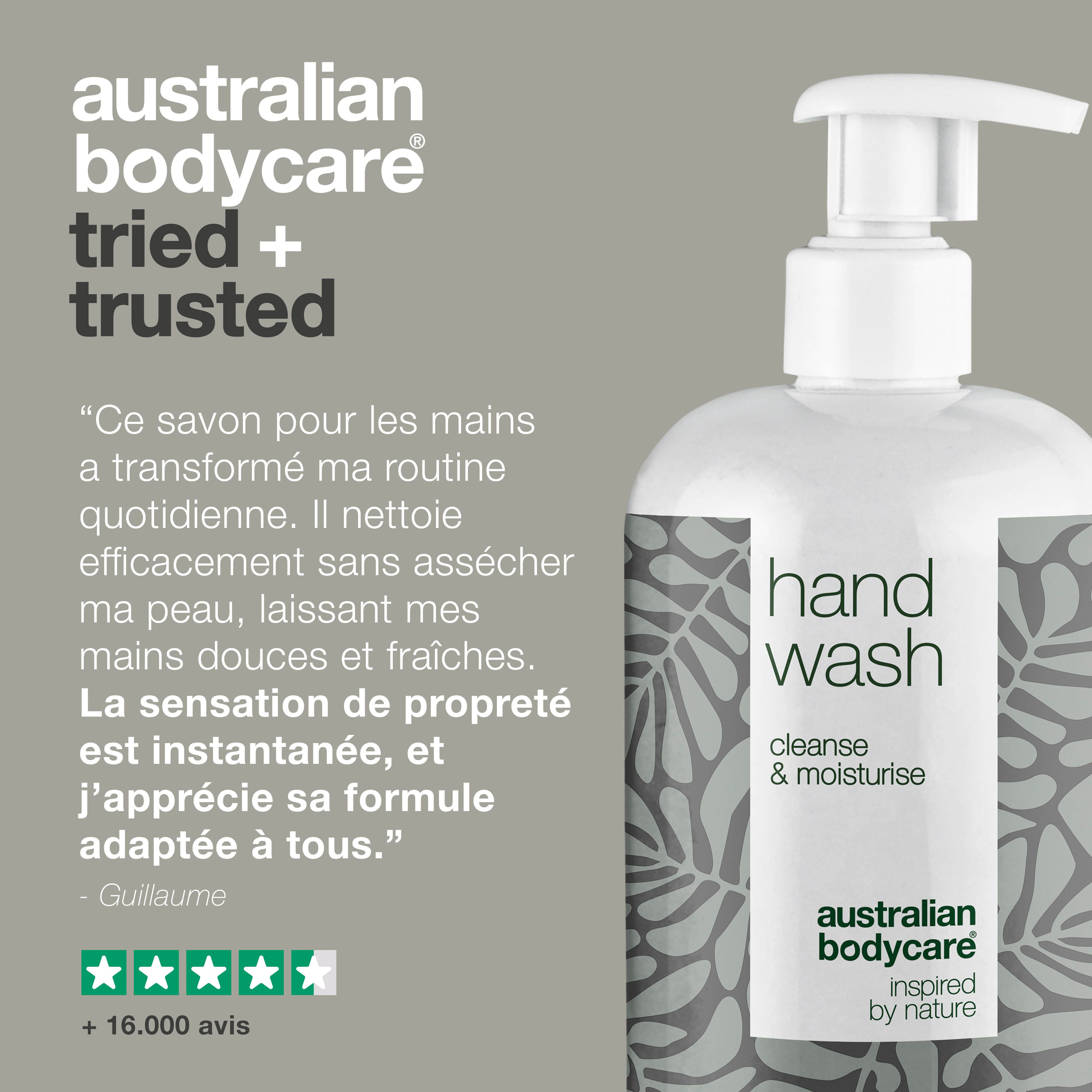 Flacon de savon pour les mains. Inscription : Hand Wash, cleanse & moisturise. Logo : Australian Bodycare. Citation et étoiles.