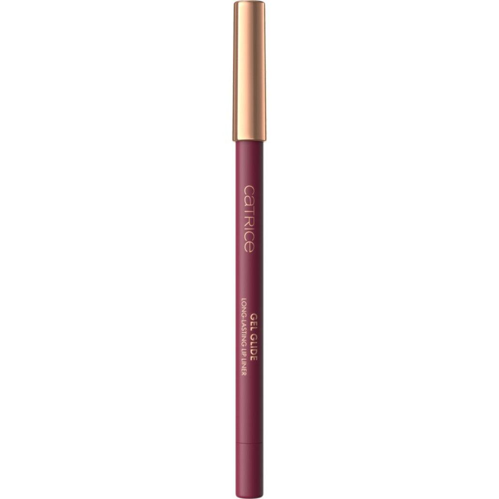 Crayon contour des lèvres, rouge foncé. Capuchon doré. Inscription: Catrice, Gel Glide Long-lasting Lip Liner.