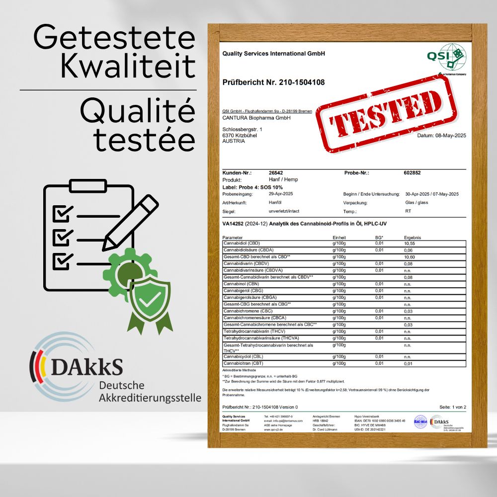Houten lijst met testrapport. Tekst: Geteste kwaliteit. Logo DAkkS. Stempel: Tested.