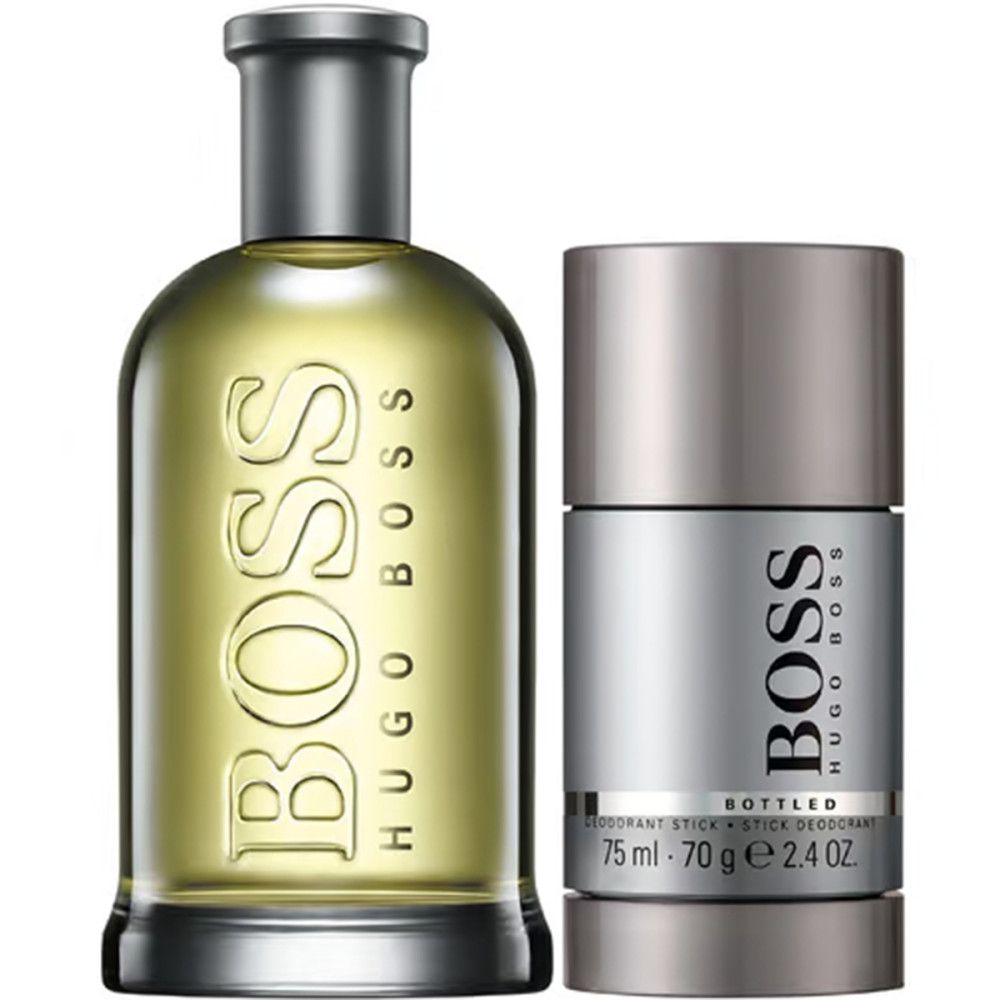 Fles en deodorantstick. Fles met BOSS-logo. Deodorantstick met BOSS-opschrift.