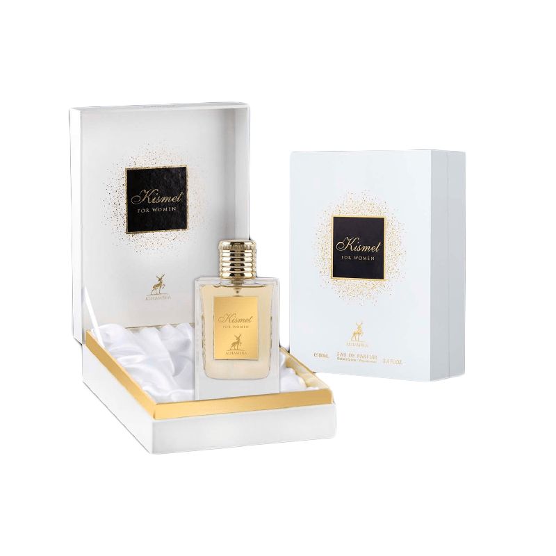Flacon de parfum "Kismet for Women" par JAY PARFUMS, 100ml, à côté de sa boîte.