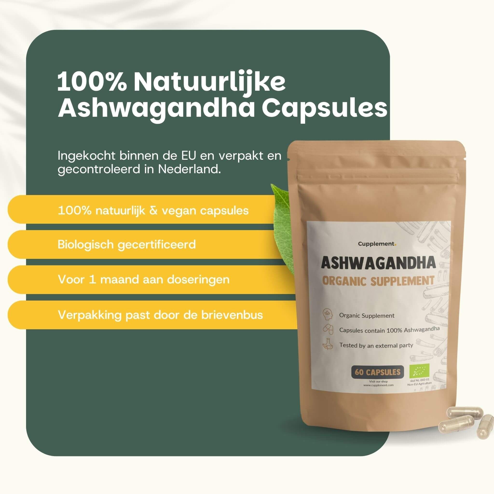 Zakje Ashwagandha capsules. Tekst: Ashwagandha Organic Supplement. 60 capsules. Gele markeringen met tekst.