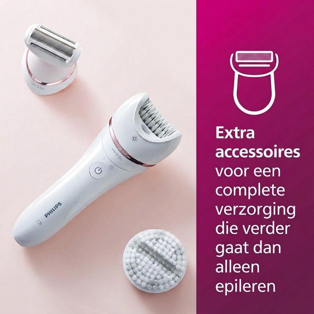 Witte Philips epilator met afneembare scheerkop en scrubopzetstuk.