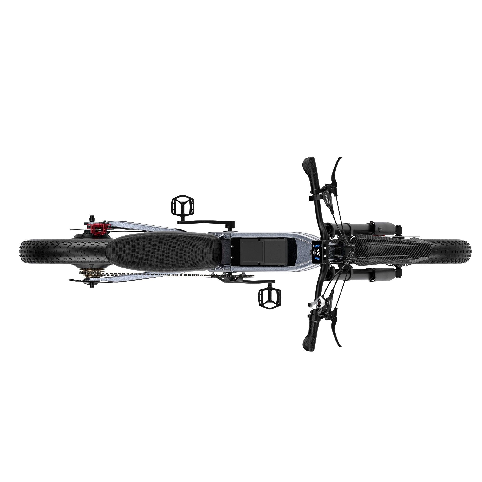 Vue de dessus d'un VTT électrique noir. Guidon, selle, pédales visibles. Sur fond blanc.