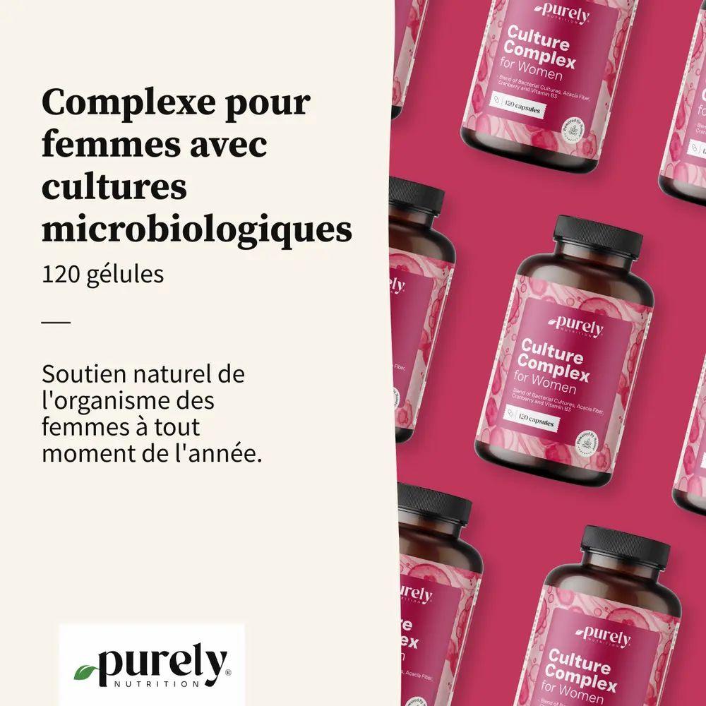 Plusieurs flacons avec étiquette produit. Texte: Complexe pour femmes avec cultures. 120 gélules.