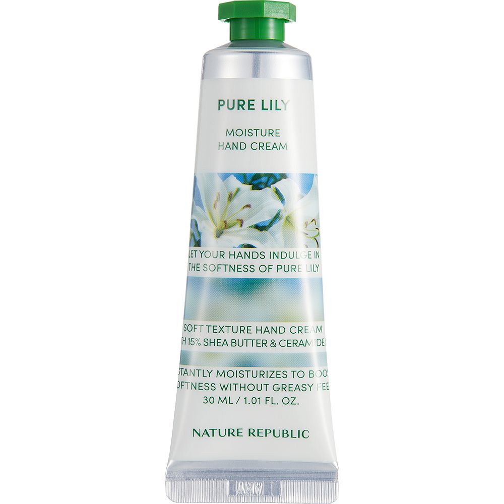 Tube de crème pour les mains, bouchon vert. Inscription: Pure Lily Moisture Hand Cream. Marque: NATURE REPUBLIC.