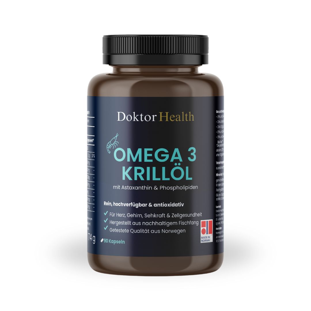 Bruine fles met zwarte dop. Blauw etiket met tekst: Omega 3 Krillöl. Bevat Astaxanthine & Fosfolipiden. 90 capsules.