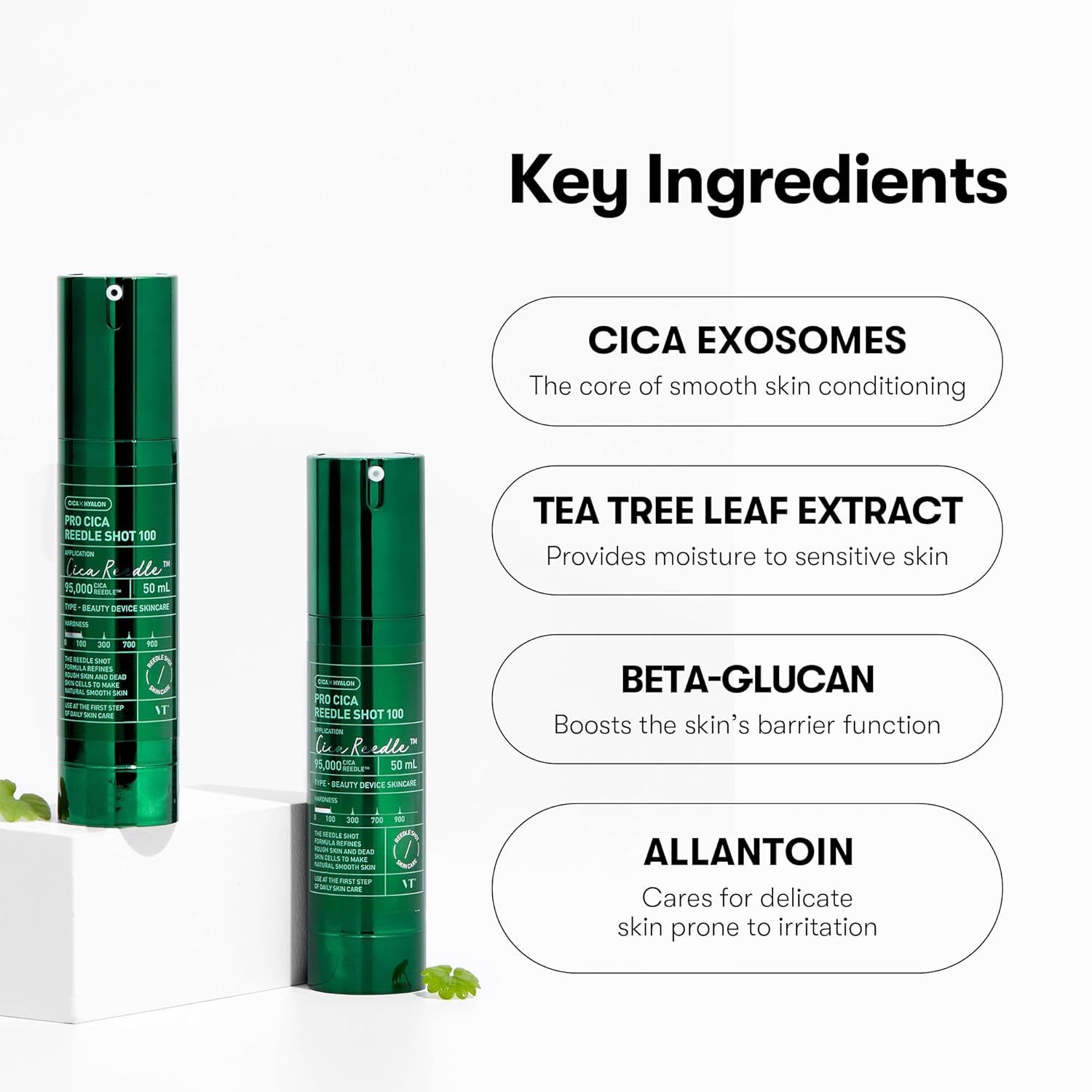 Twee groene flessen. Tekst: Pro Cica Reedle Shot. Key Ingredients: Cica Exosomes, Tea Tree Leaf Extract, Beta-Glucan, Allantoin.