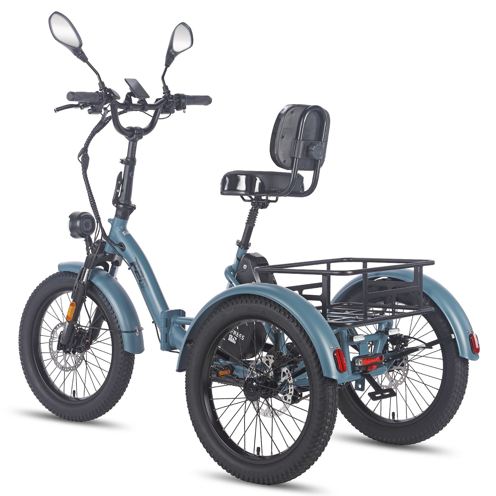 Tricycle électrique bleu avec rétroviseurs et panier arrière. FAFREES F20 Mate. Pneus noirs, siège avec dossier.
