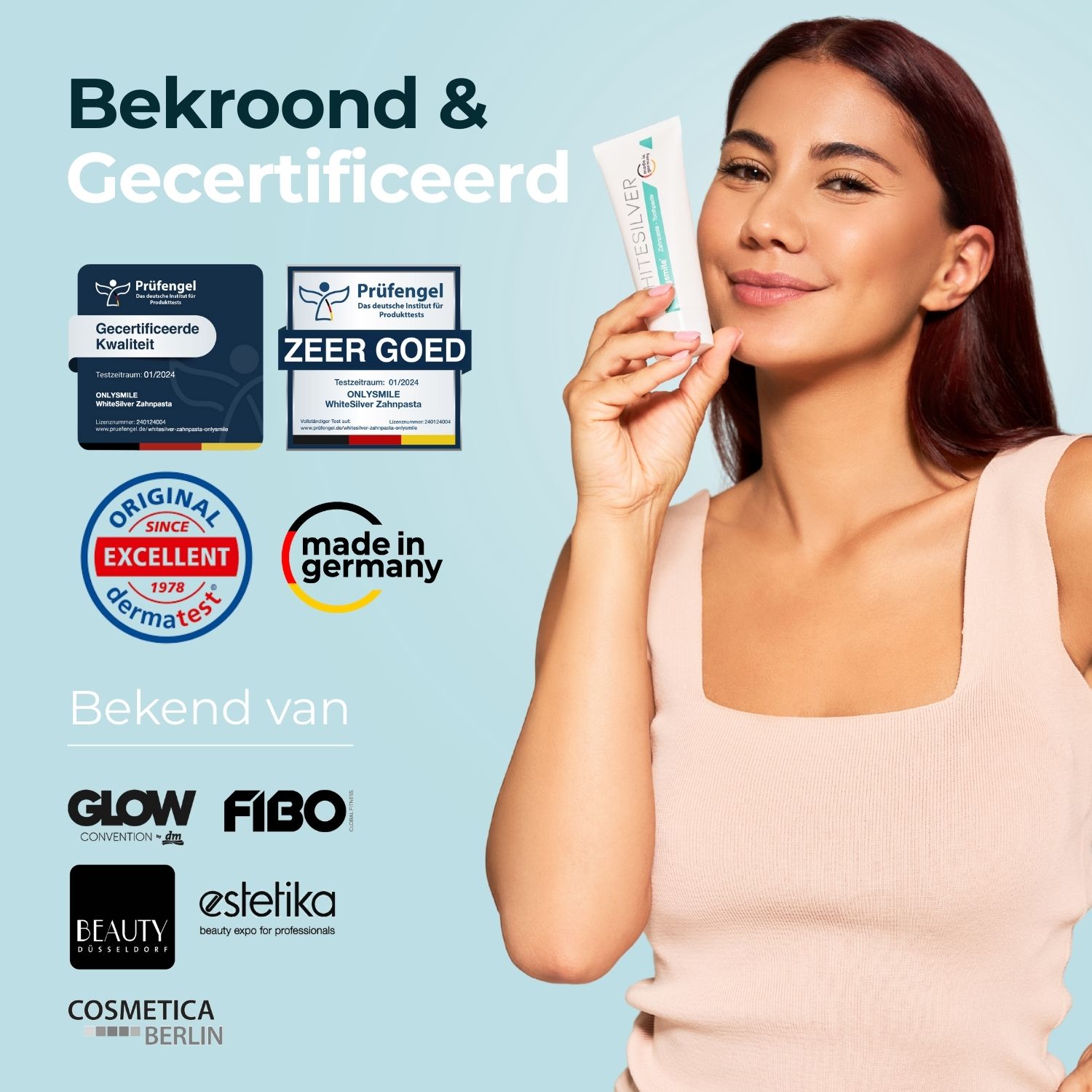 Vrouw houdt tandpasta vast. Certificeringen en logo's. Whitesilver tandpasta. Made in Germany.