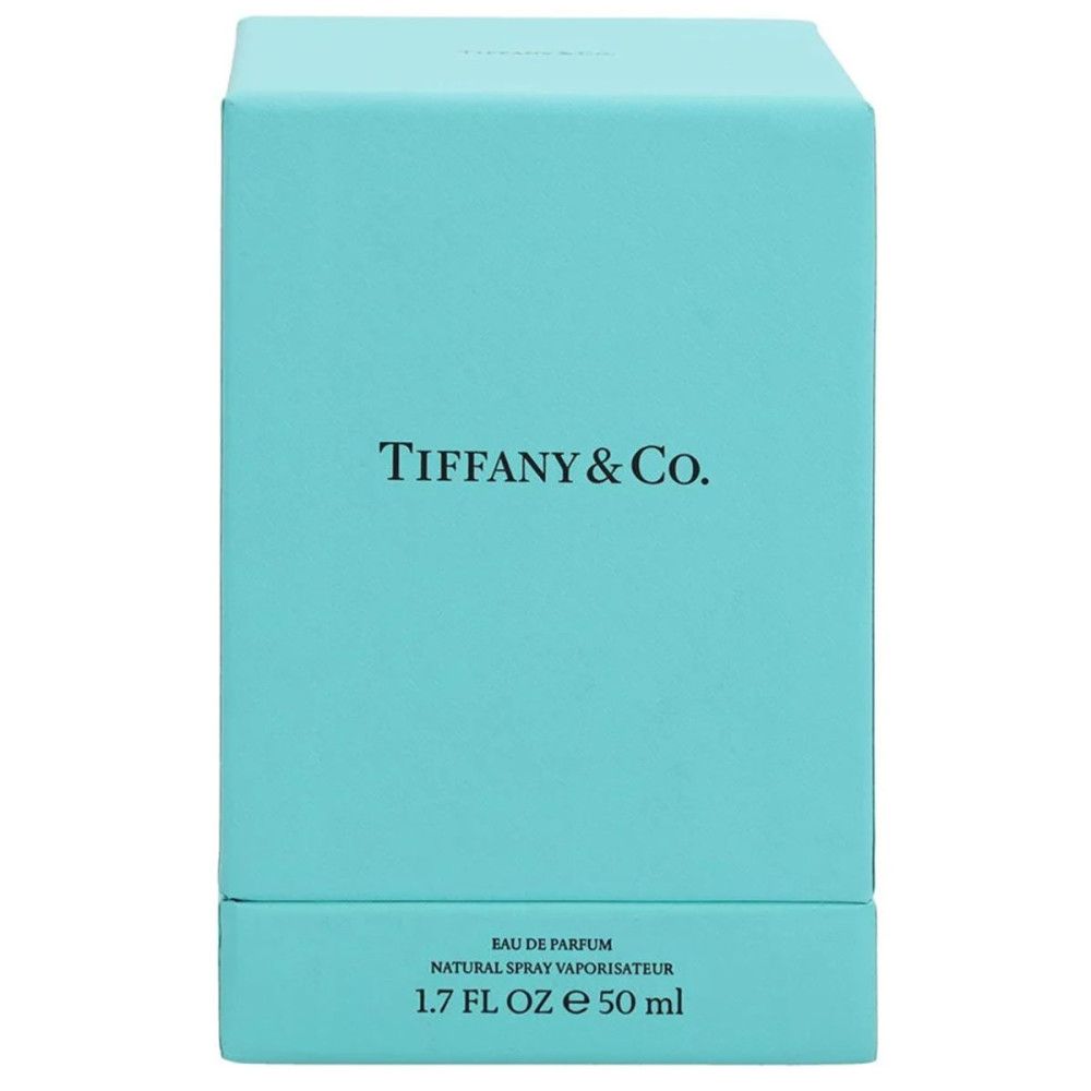Boîte turquoise Tiffany & Co. avec texte: Eau de Parfum, Natural Spray Vaporisateur. 1.7 FL OZ e 50 ml.