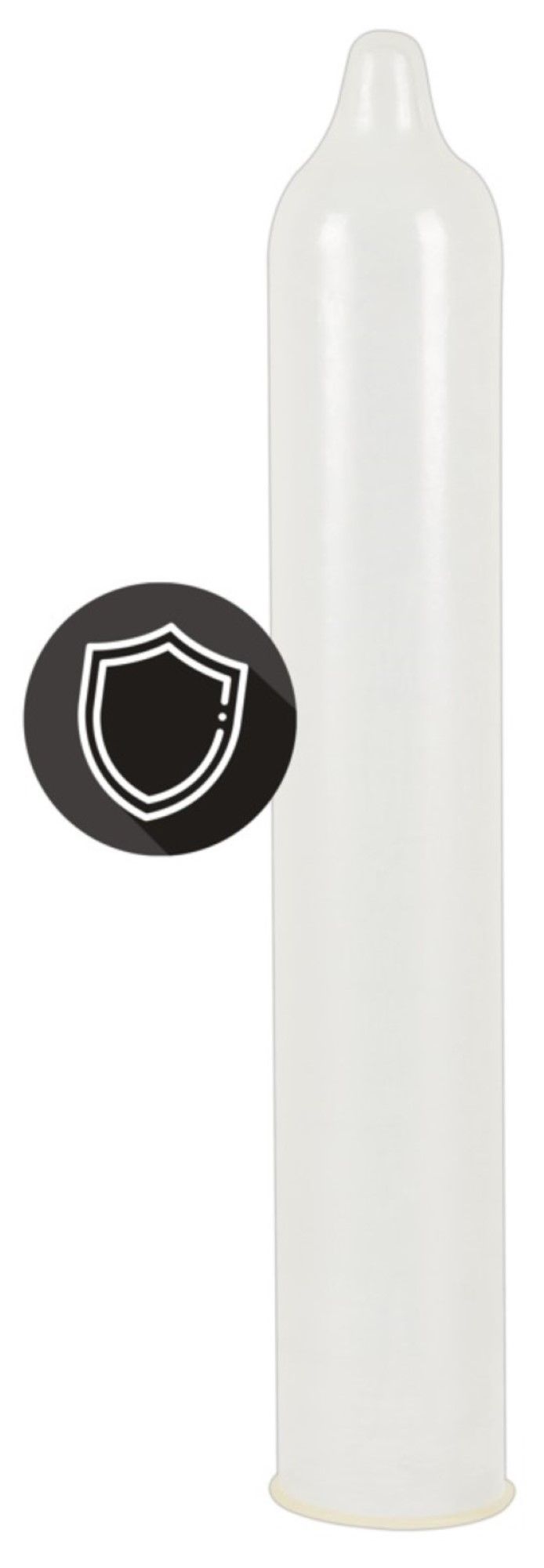 Préservatif blanc avec symbole de bouclier noir. Préservatif avec bout arrondi et forme droite.