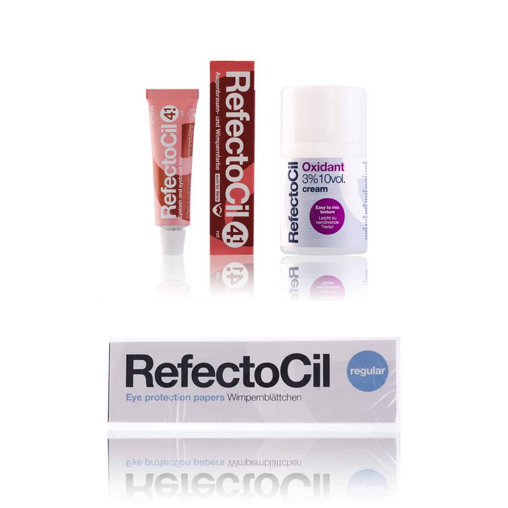 Drie RefectoCil producten: wimperverf, oxidant crème en beschermblaadjes. Kleur- en crèmetubes, en een papieren doosje.
