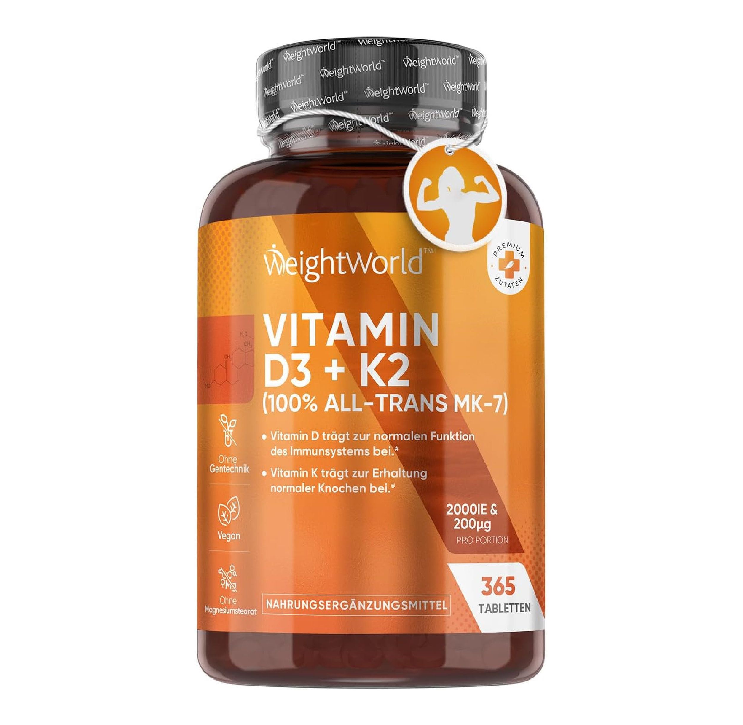 Bouteille WeightWorld Vitamine D3+K2 de 365 comprimés.