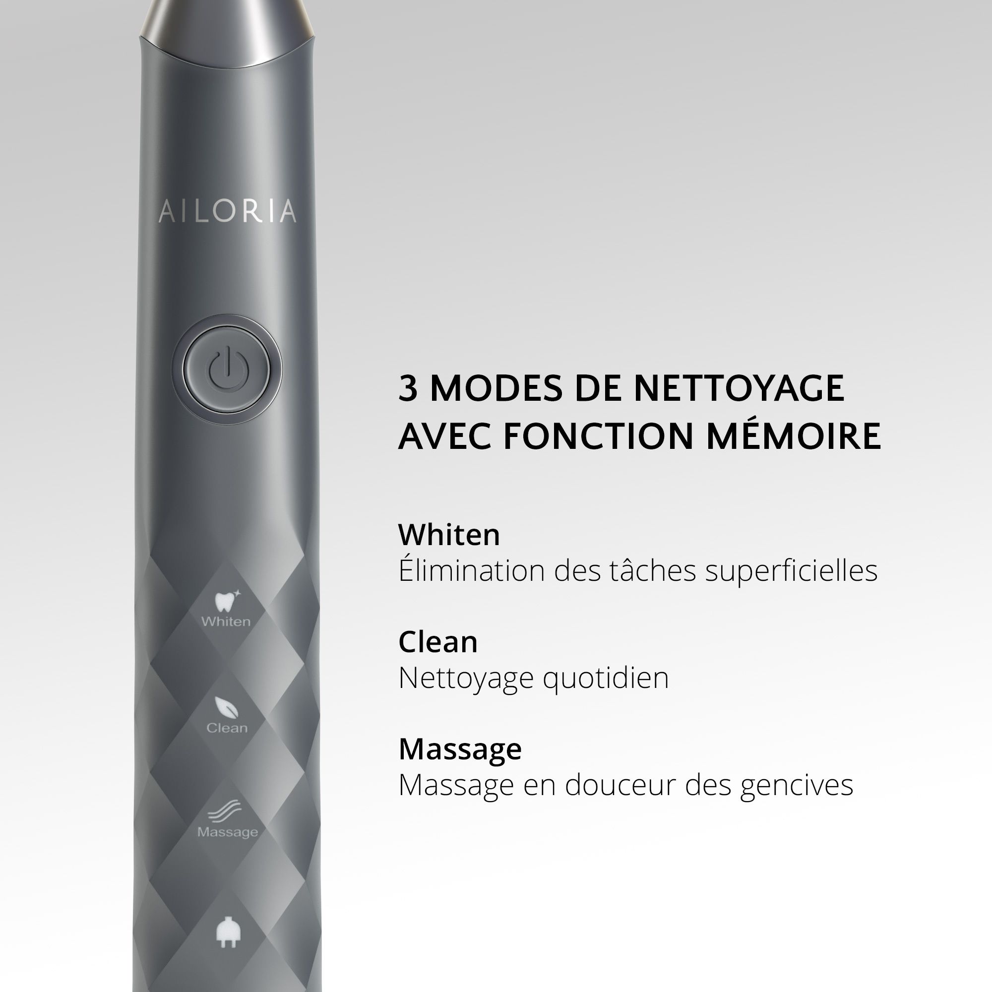 Brosse à dents électrique avec trois modes de nettoyage : Blanchiment, Nettoyage, Massage. Logo AILORIA.