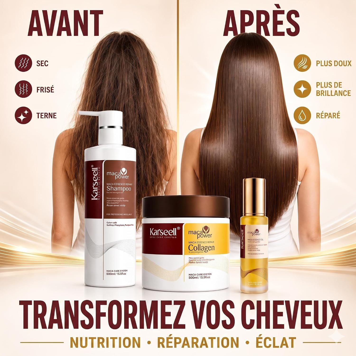 Trois produits capillaires Karseell : shampoing, masque au collagène et huile capillaire.