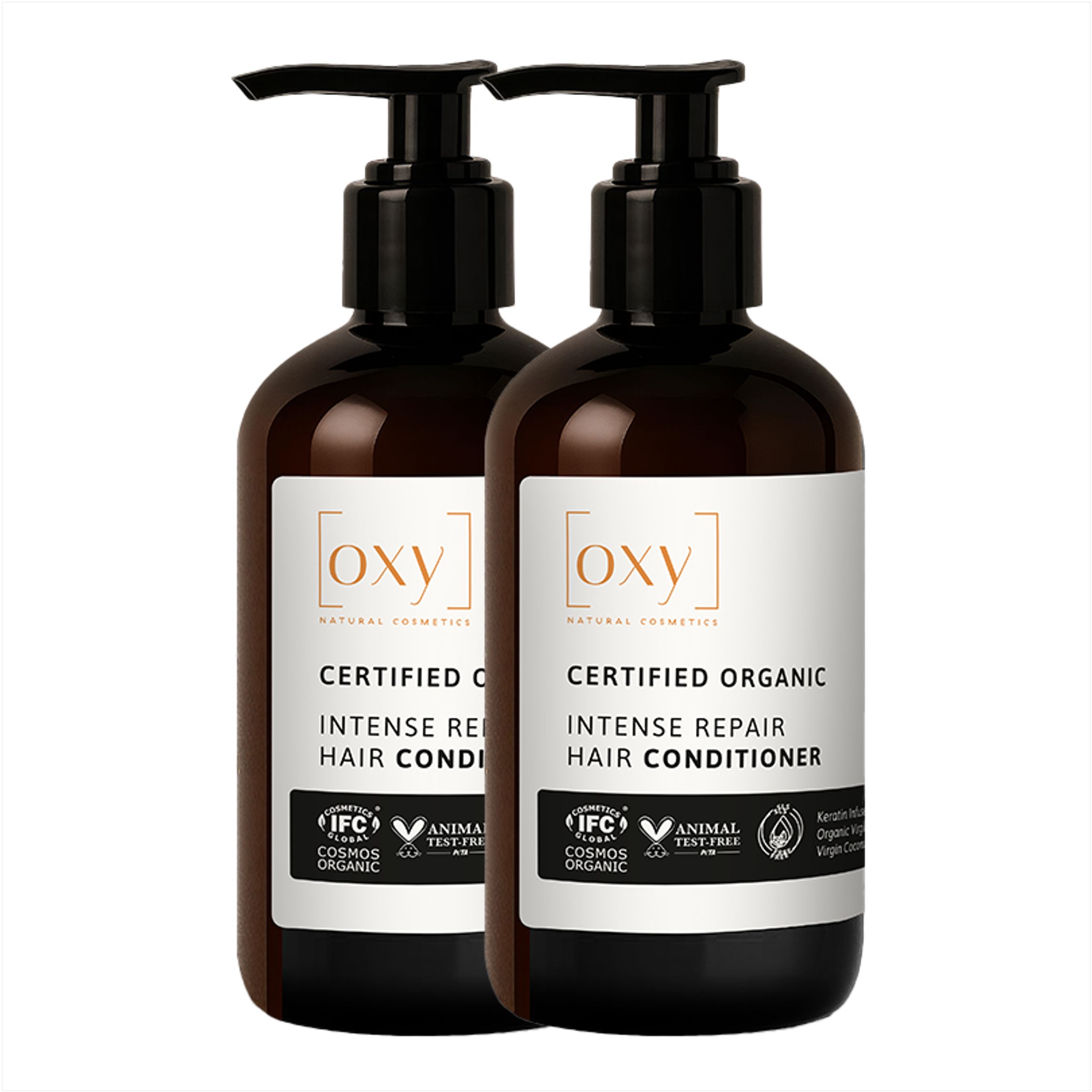 Twee flessen haarconditioner met zwarte pomp. Opschrift: oxy8, Intense Repair Hair Conditioner.