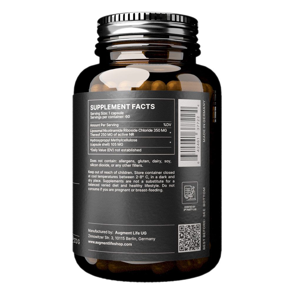 Bouteille en verre brun contenant des gélules et une étiquette d'informations nutritionnelles. Fabriqué en Allemagne.