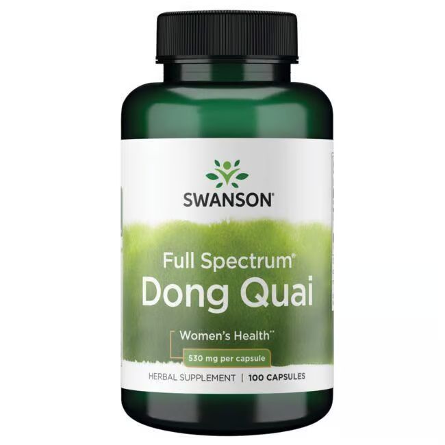 Groene fles met wit etiket. Opschrift: SWANSON Dong Quai, 530 mg per capsule. 100 capsules. Kruidensupplement.