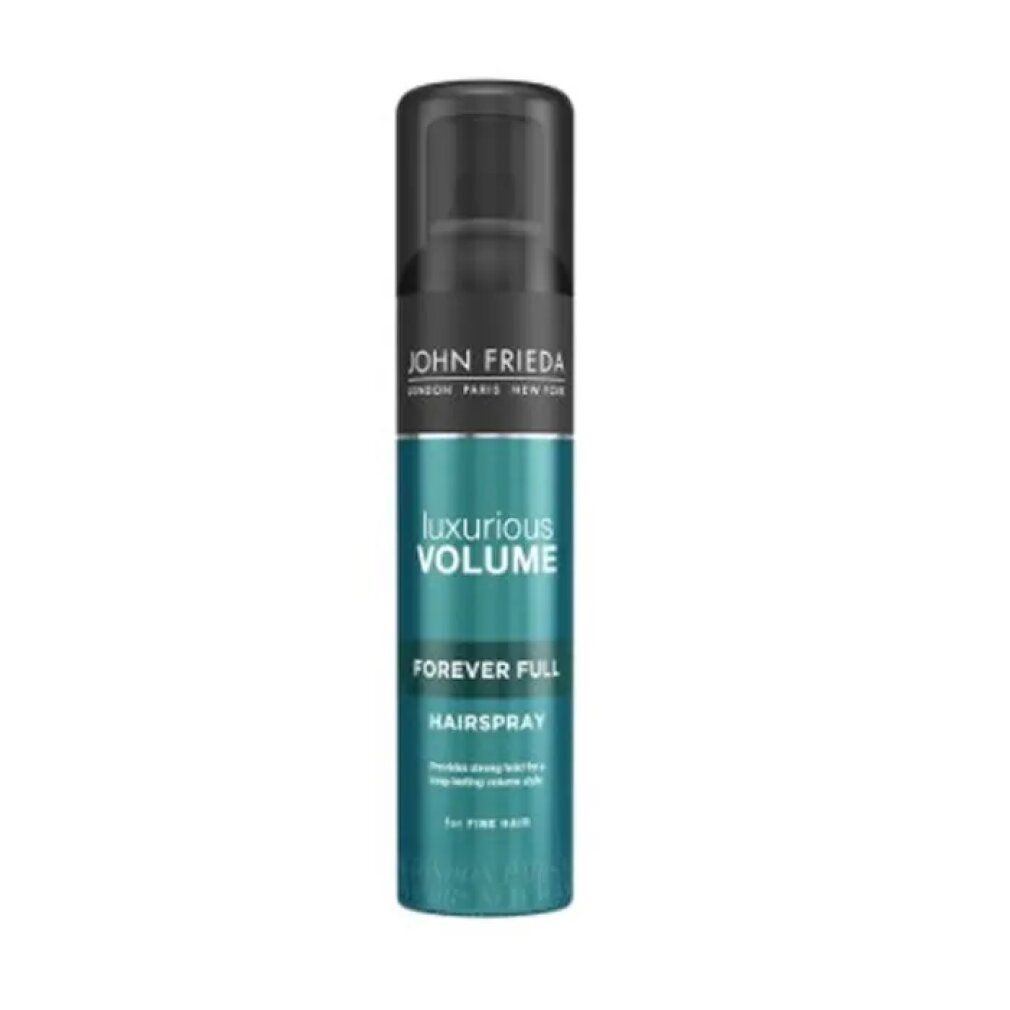 John Frieda Luxurious Volume Hairspray. Flacon pulvérisateur turquoise et noir. Texte: Luxurious Volume, Forever Full, Hairspray.