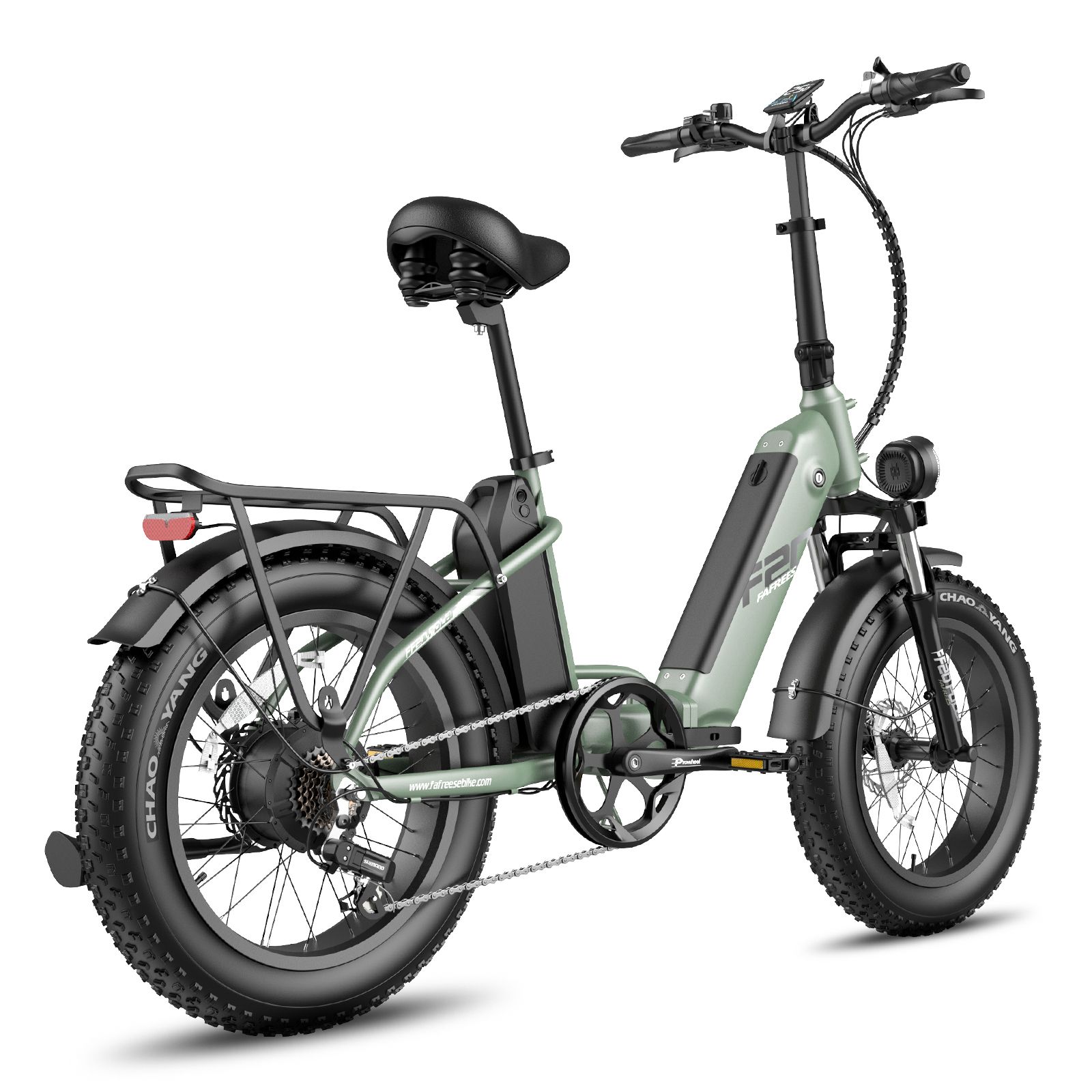 Vélo électrique pliable vert clair. Pneus, selle et porte-bagages noirs. Feu arrière et batterie.