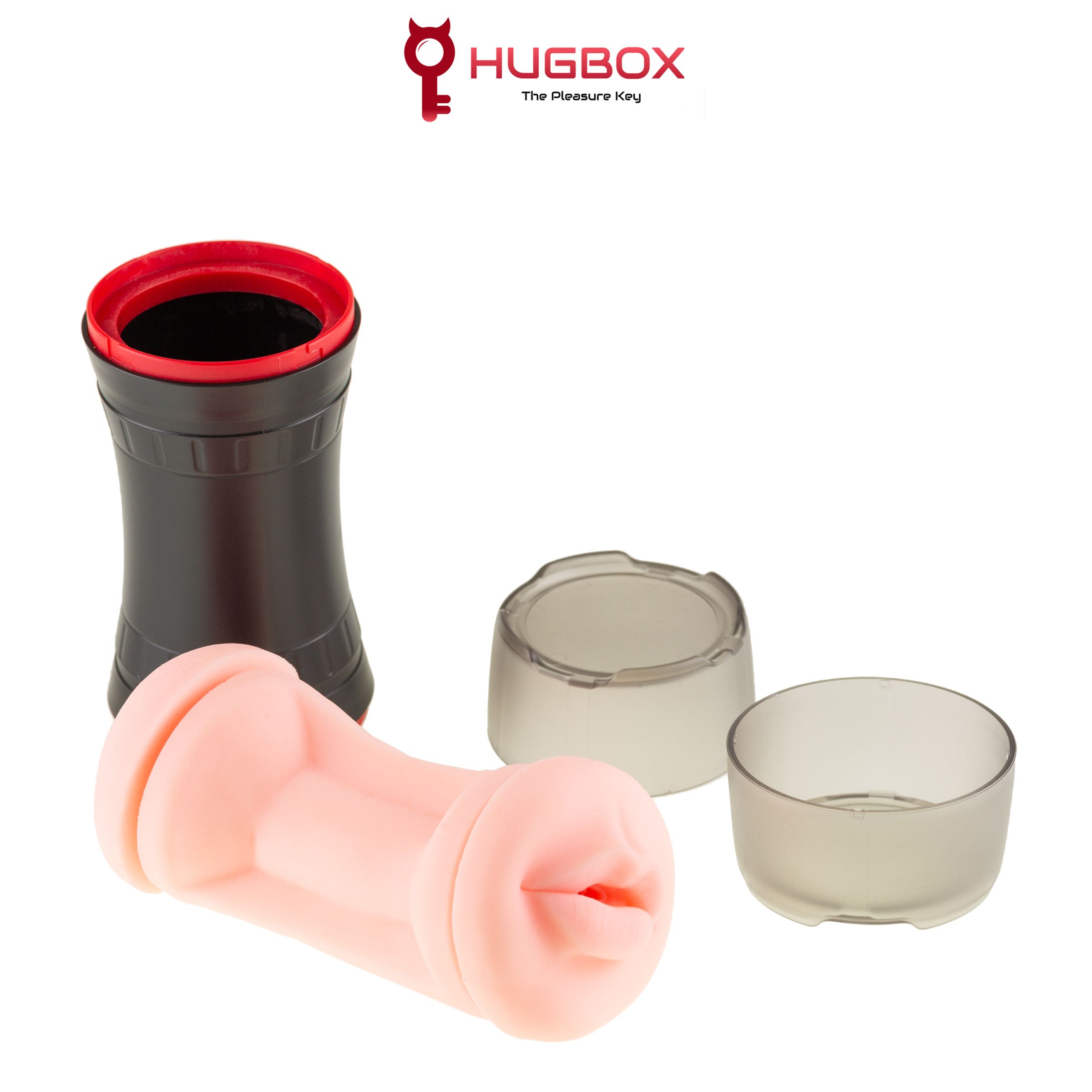 Gedemonteerd product met zwarte behuizing, roze inzetstuk en twee transparante delen. Logo: HUGBOX.