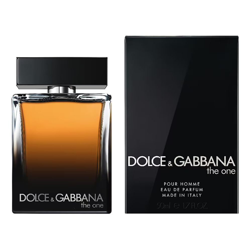 Dolce & Gabbana The One For Men EdP Nat. Spray. Rechthoekige flacon met zwarte dop en verpakking. Logo en productnaam zichtbaar.