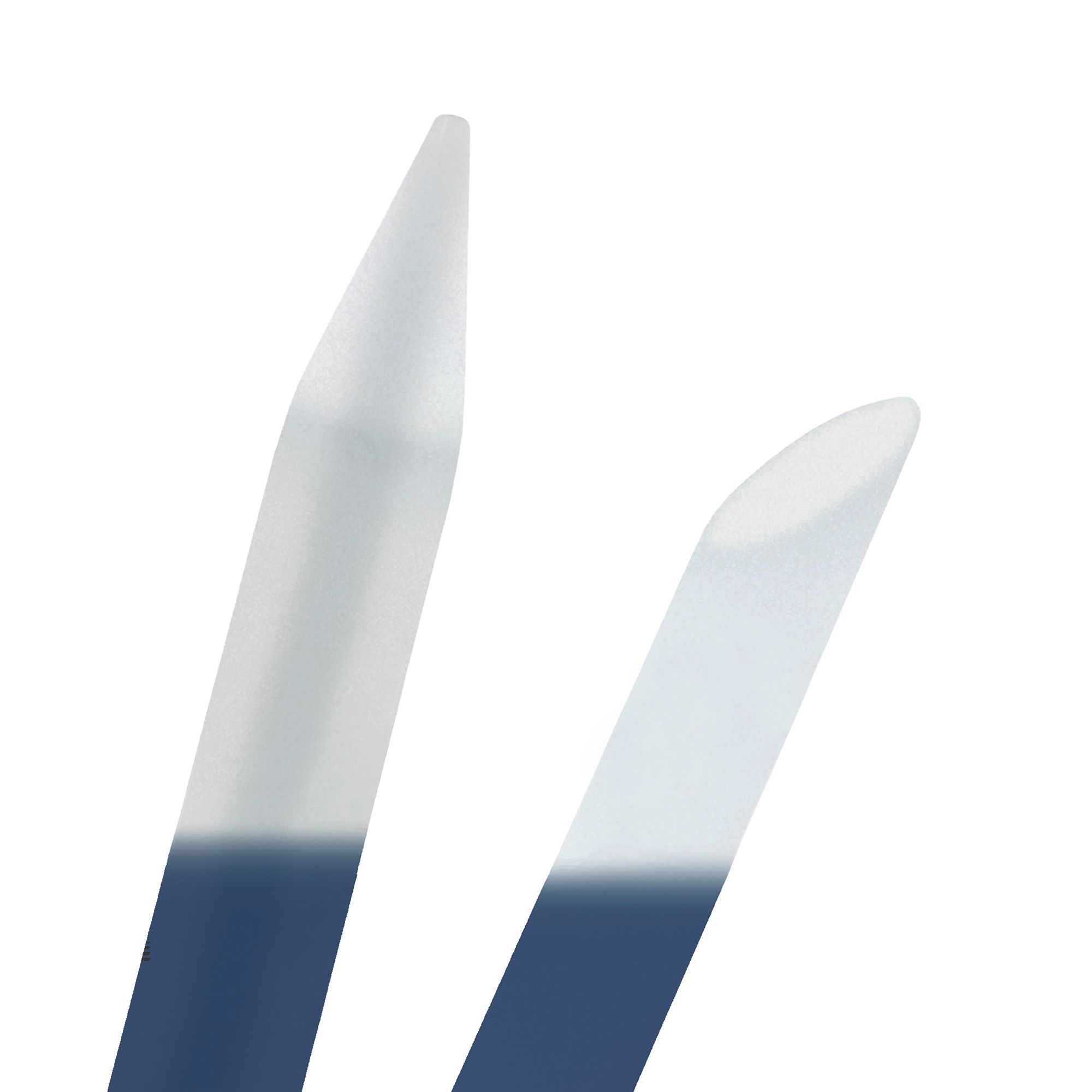 Deux limes à ongles en verre dégradé. Forme pointue et arrondie. Dégradé bleu-blanc.