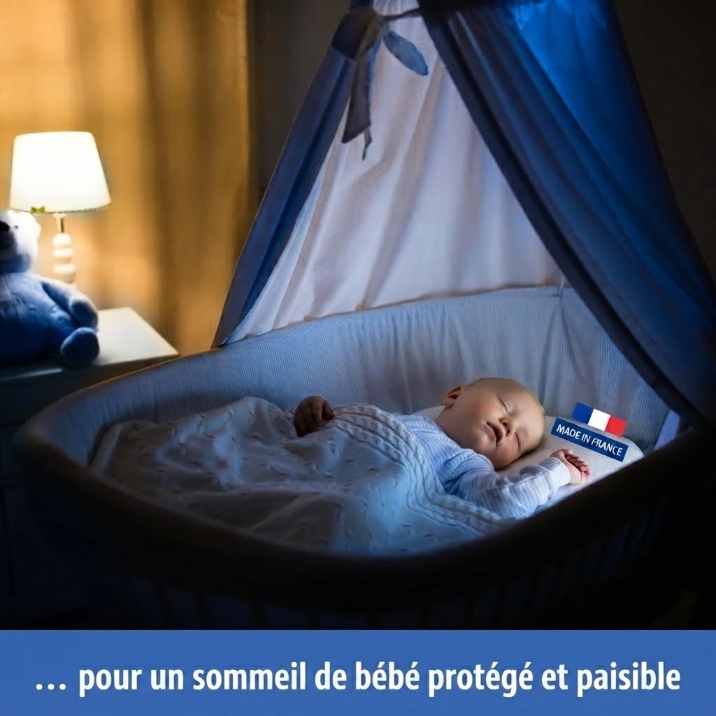 Babyphone avec veilleuse à côté d'un lit d'enfant.