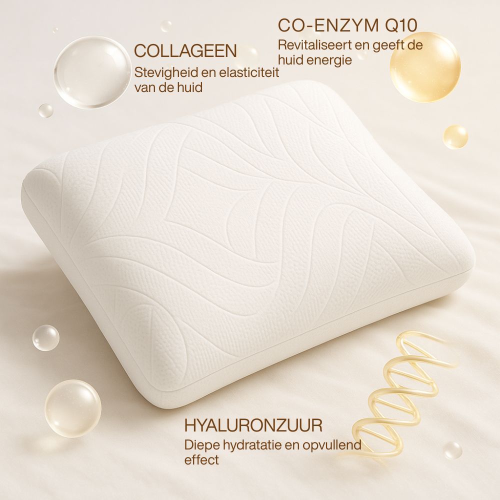 Beige kussen met golfpatroon. Tekst: Collageen, Q10, Hyaluronzuur.