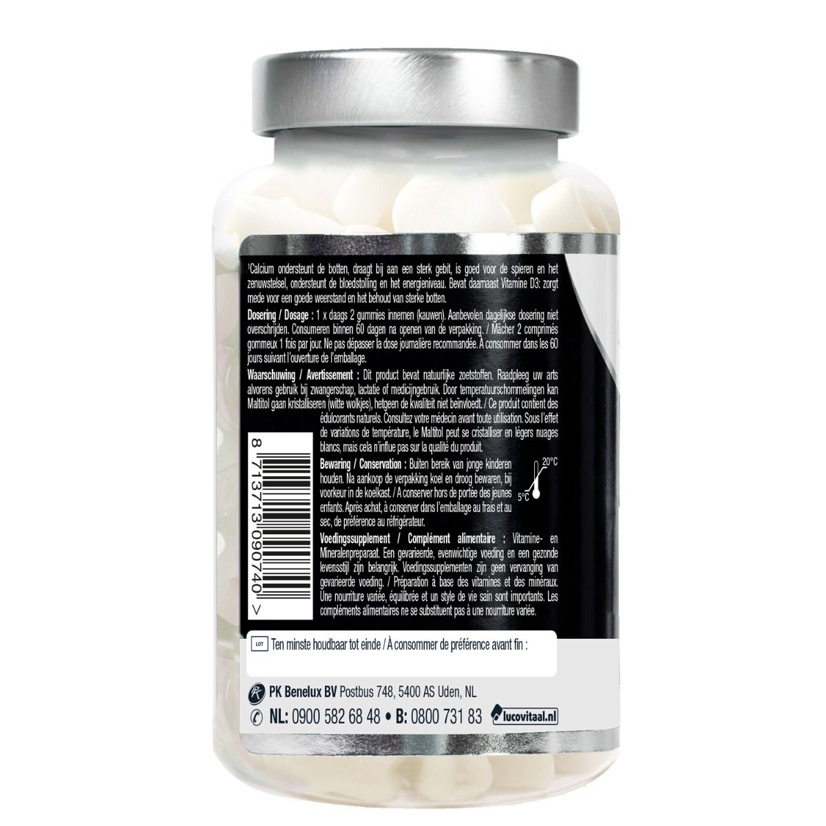 Achterkant van de Lucovitaal Calcium D3 Gummies fles. Bevat dosering, waarschuwingen en contactgegevens. Ten minste houdbaar tot.