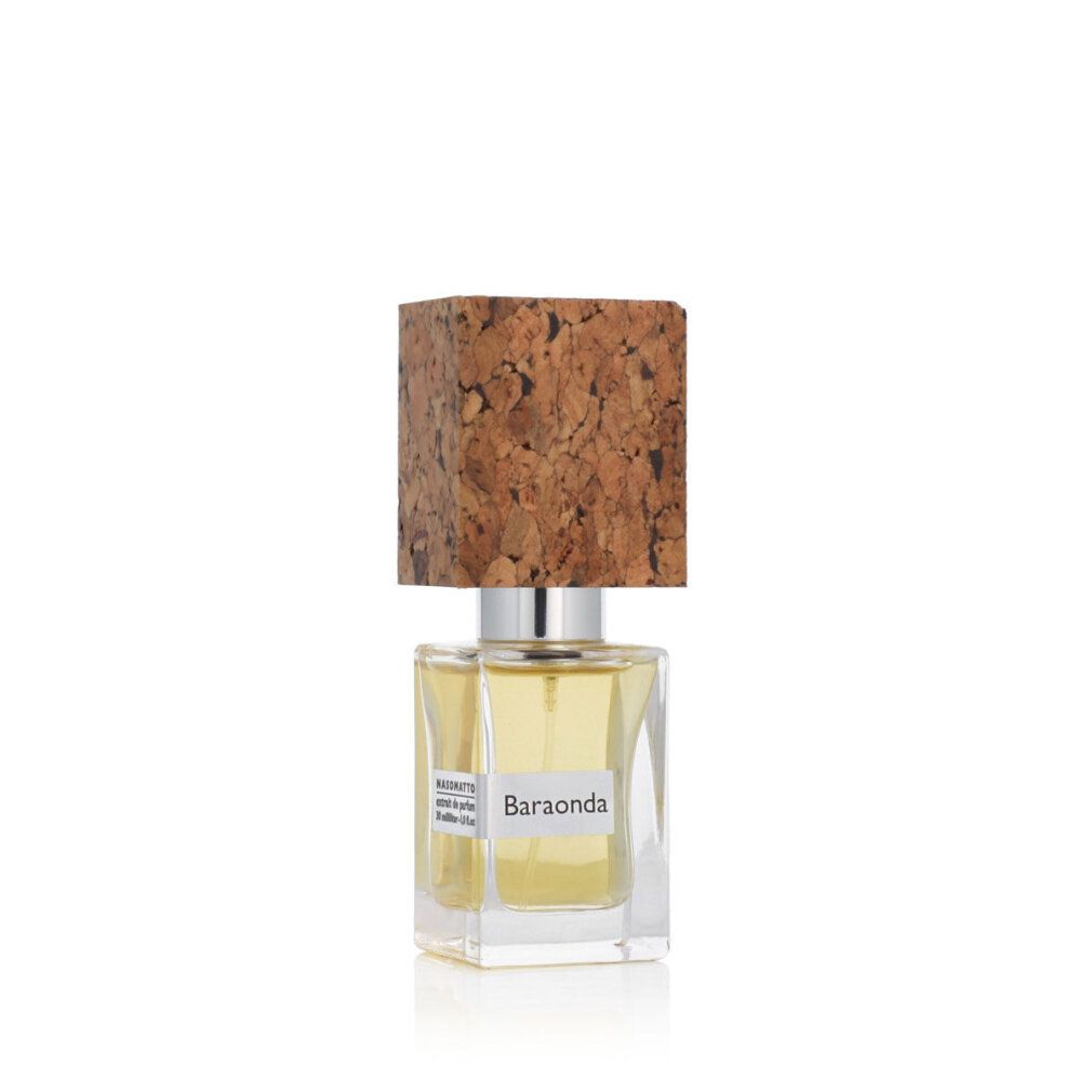 Flacon de parfum avec bouchon en liège. Inscription : Nasomatto Baraonda. Flacon en verre carré avec étiquette blanche. Flacon debout.