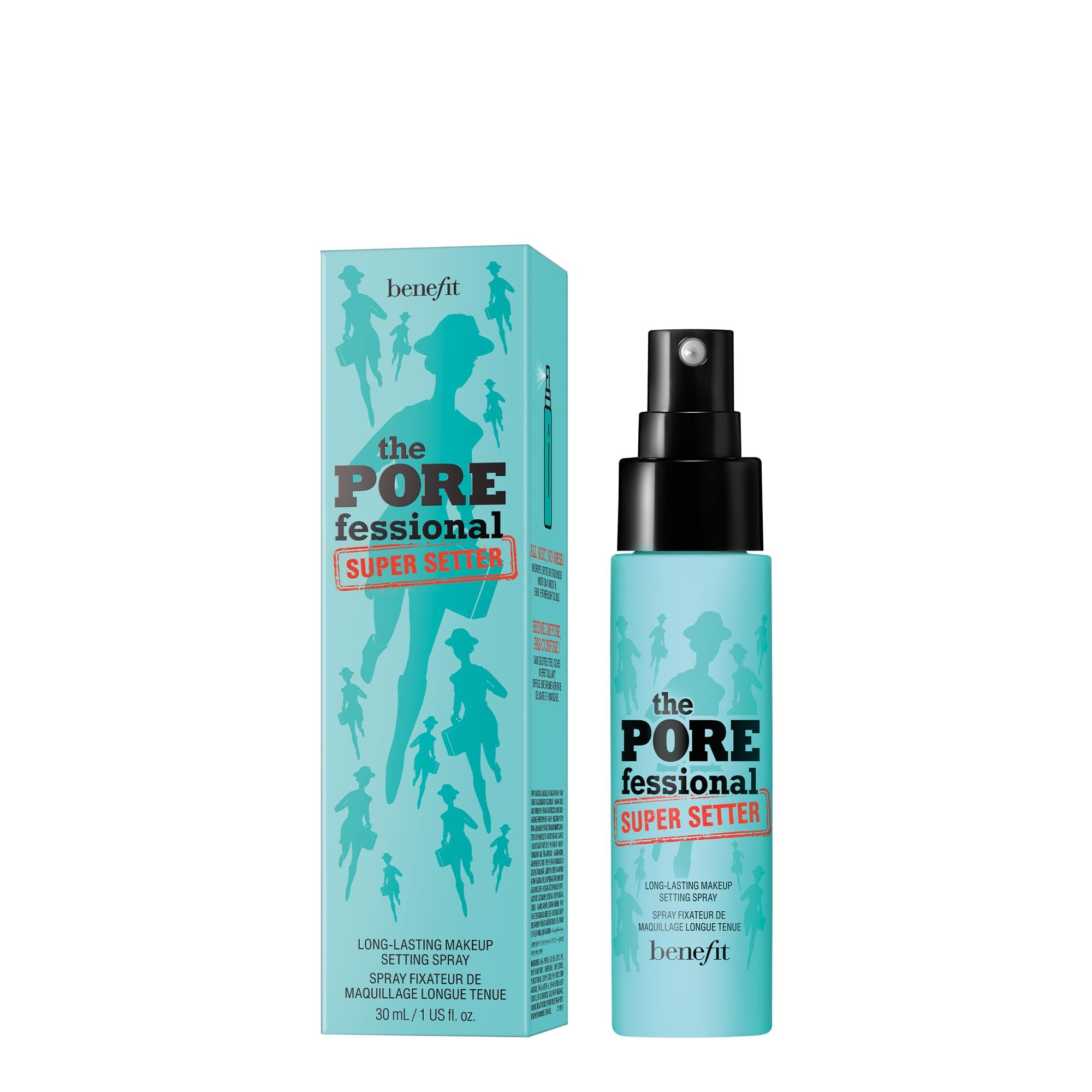 Turquoise doos en sprayfles. Opschrift: The Porefessional Super Setter. Merk: benefit. Met illustraties.