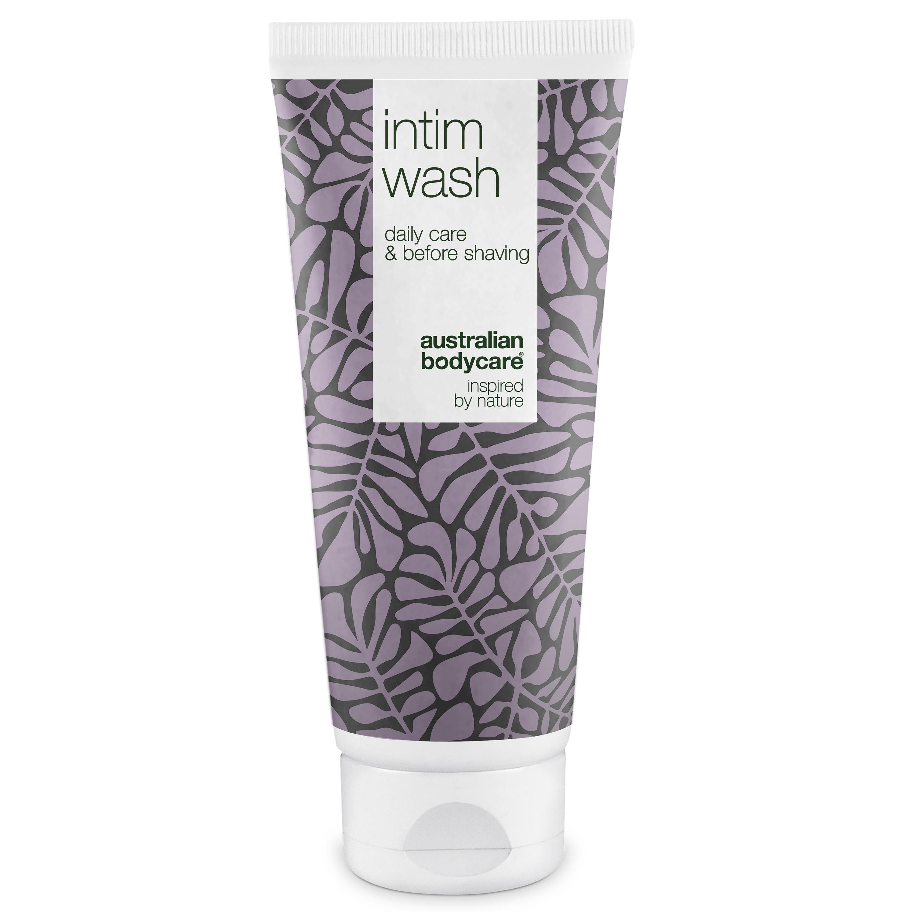 Tube de nettoyant intime. Bouchon blanc, motif de feuilles violet. Texte: Intim Wash, daily care & before shaving, Australian Bodycare.