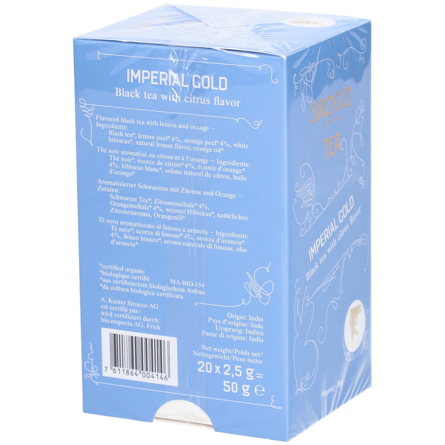 Boîte bleu clair avec texte. "Sirocco Tea Imperial Gold Black mit Zitrone & Orange". Dos avec ingrédients.