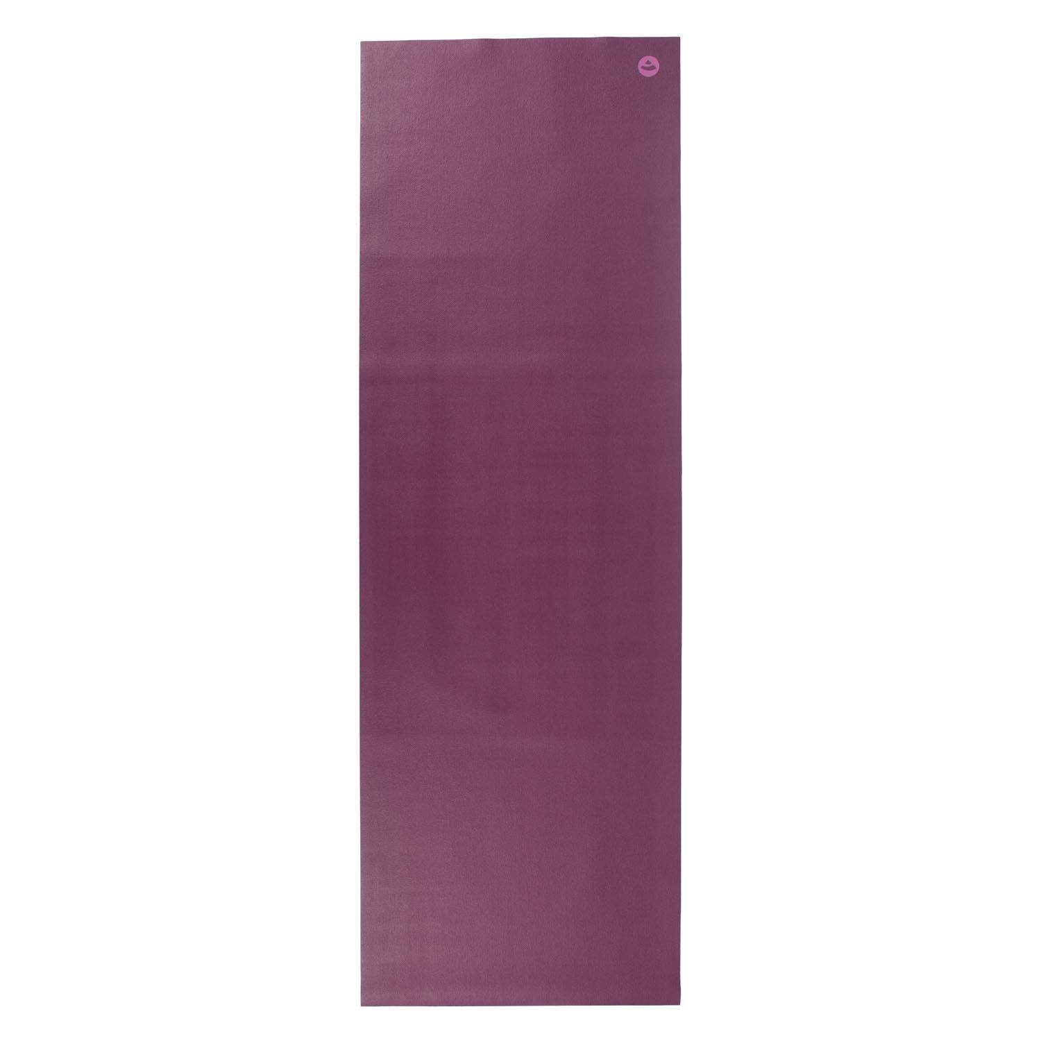 Bordeaux yogamat, plat uitgespreid. Logo rechtsboven. Glad oppervlak. Voor yoga-oefeningen.