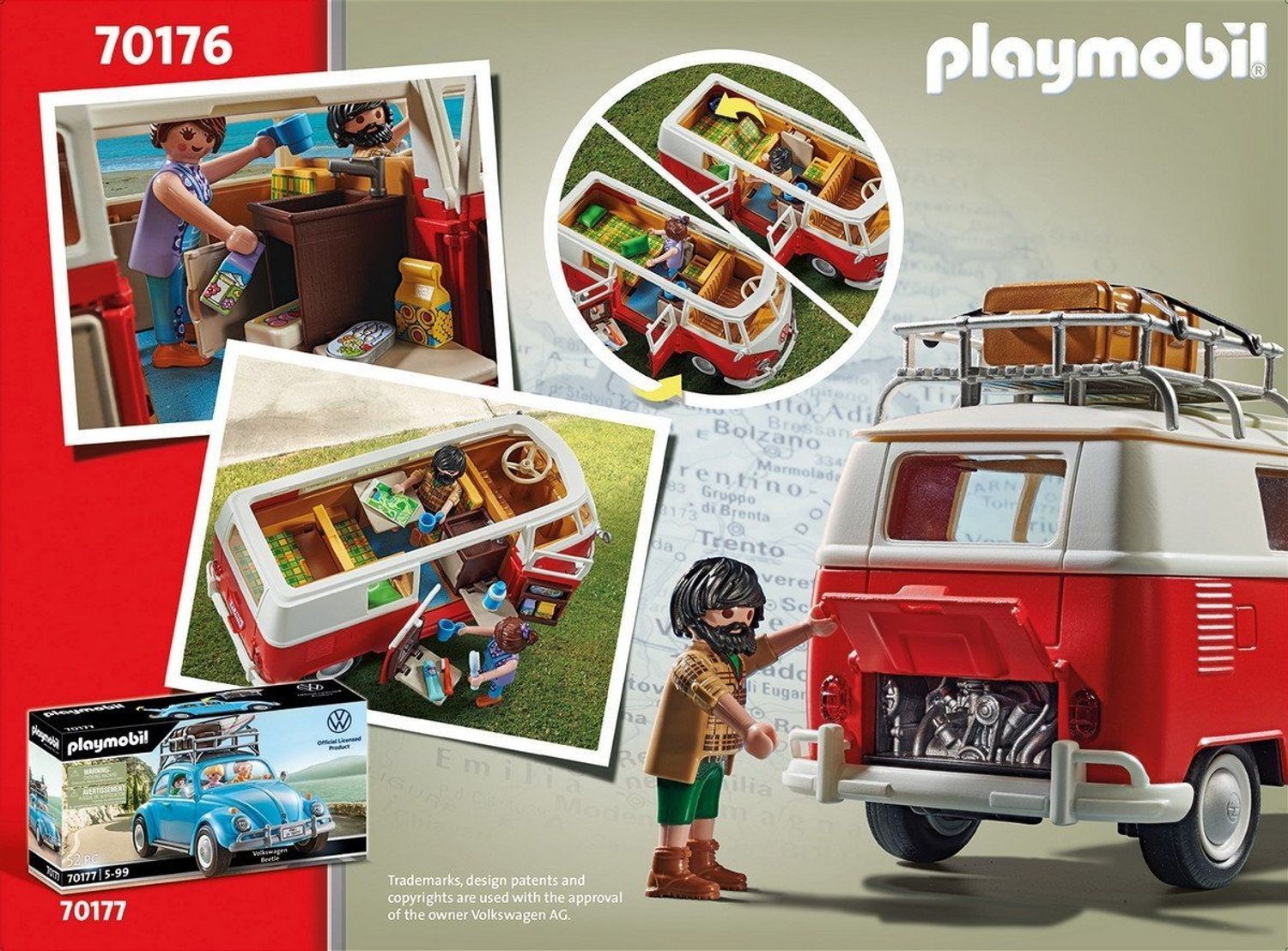 Bus VW jouet rouge et blanc, avec figurines et accessoires. Emballage avec le numéro de produit 70176. Plusieurs vues.