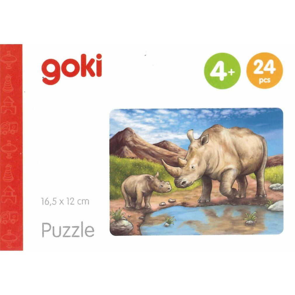 Puzzle Goki avec rhinocéros. 24 pièces, à partir de 4 ans. L'emballage montre des rhinocéros près de l'eau. Dimensions : 16,5 x 12 cm.