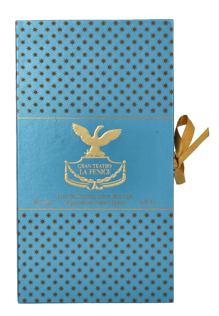 Boîte bleu-doré à motifs d'étoiles et ruban doré. Inscription: Gran Teatro La Fenice.