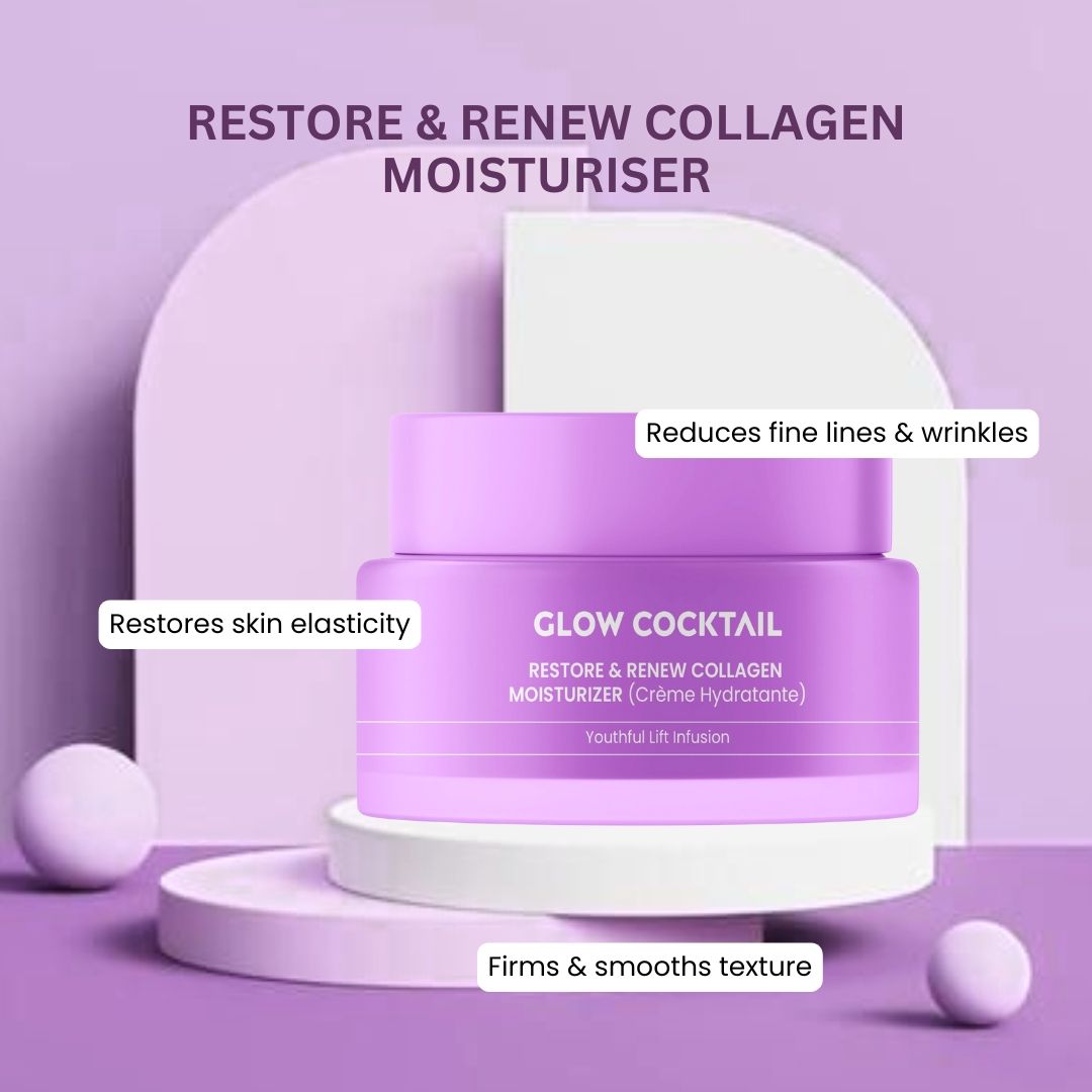 Paarse pot op voetstuk. Opschrift: GLOW COCKTAIL, RESTORE & RENEW COLLAGEN MOISTURIZER (Crème Hydratante). Tekst over voordelen.