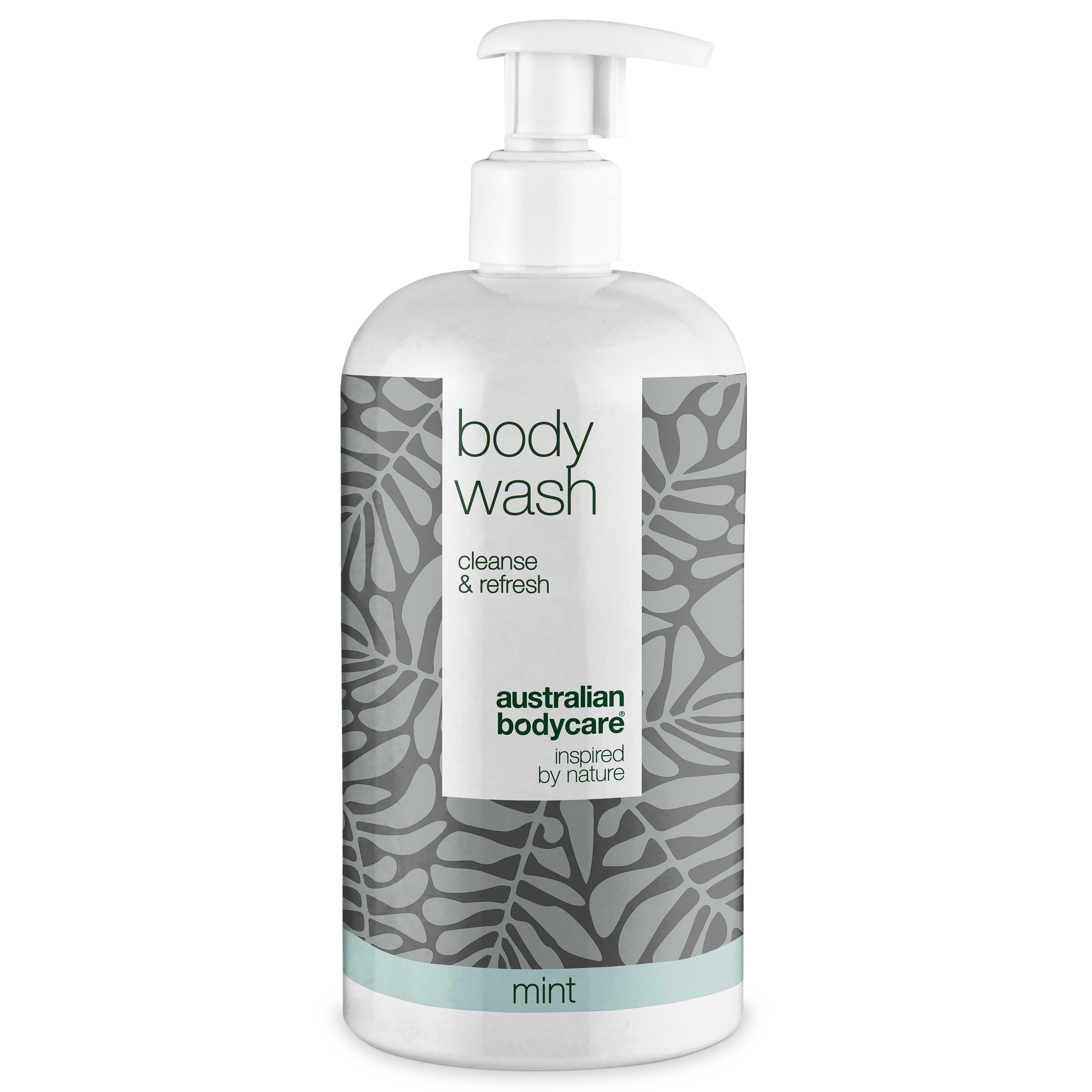 Witte dispenser met 'body wash' en 'australian bodycare'. Mint-print. Pompje bovenop.